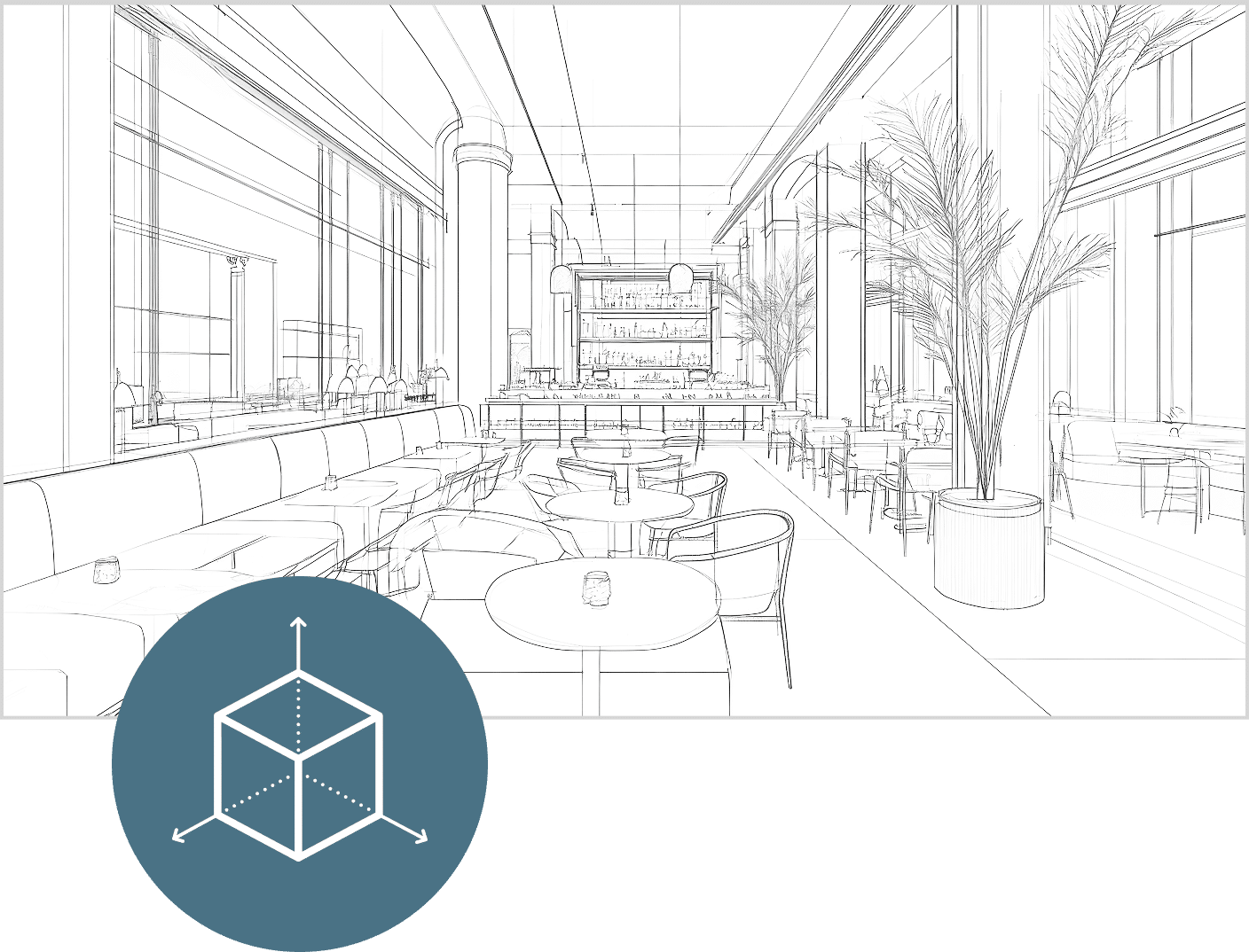 Vue 3D de l'agencement intérieur d'un restaurant chic