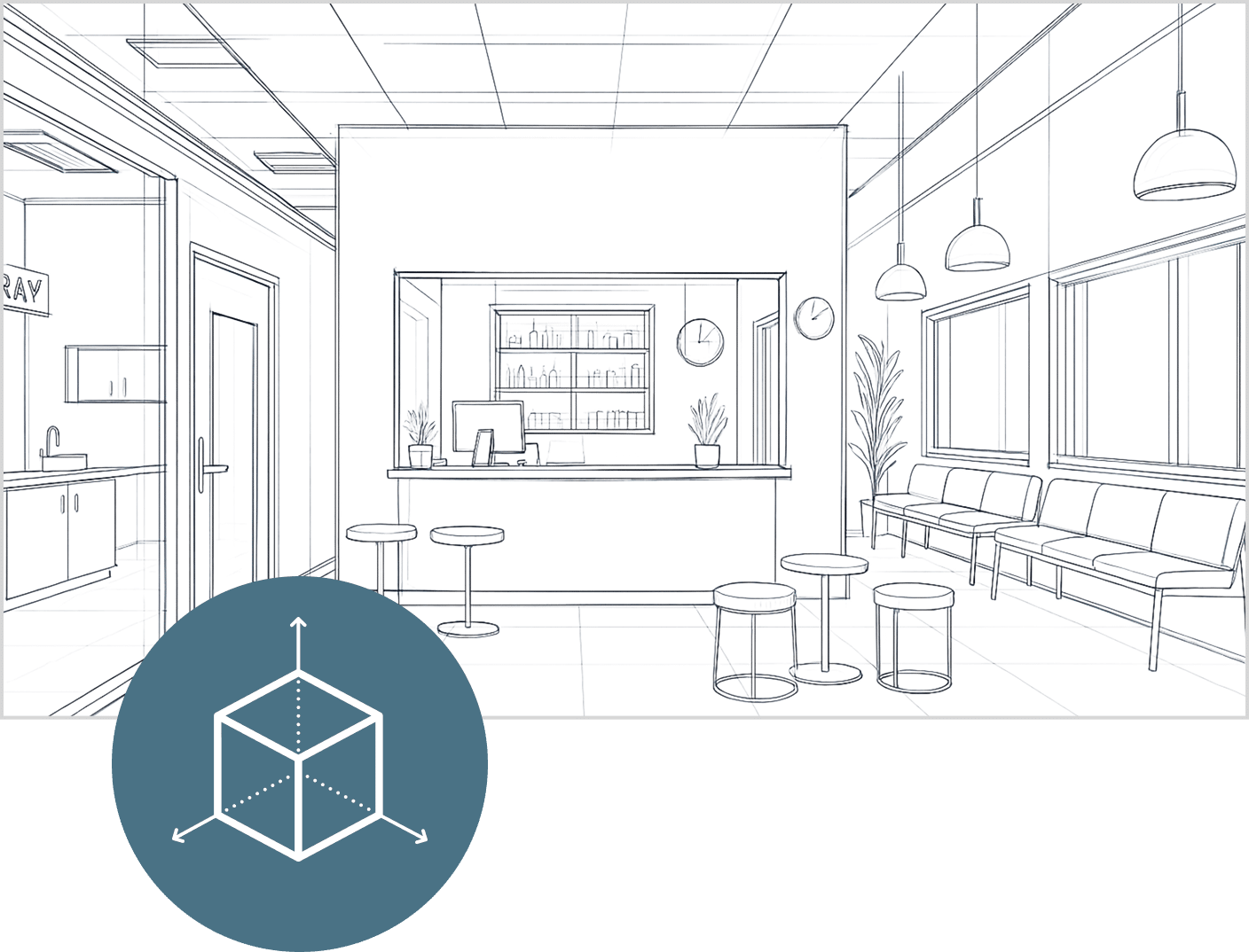 Plan 3D de l'aménagement intérieur clinique vétérinaire