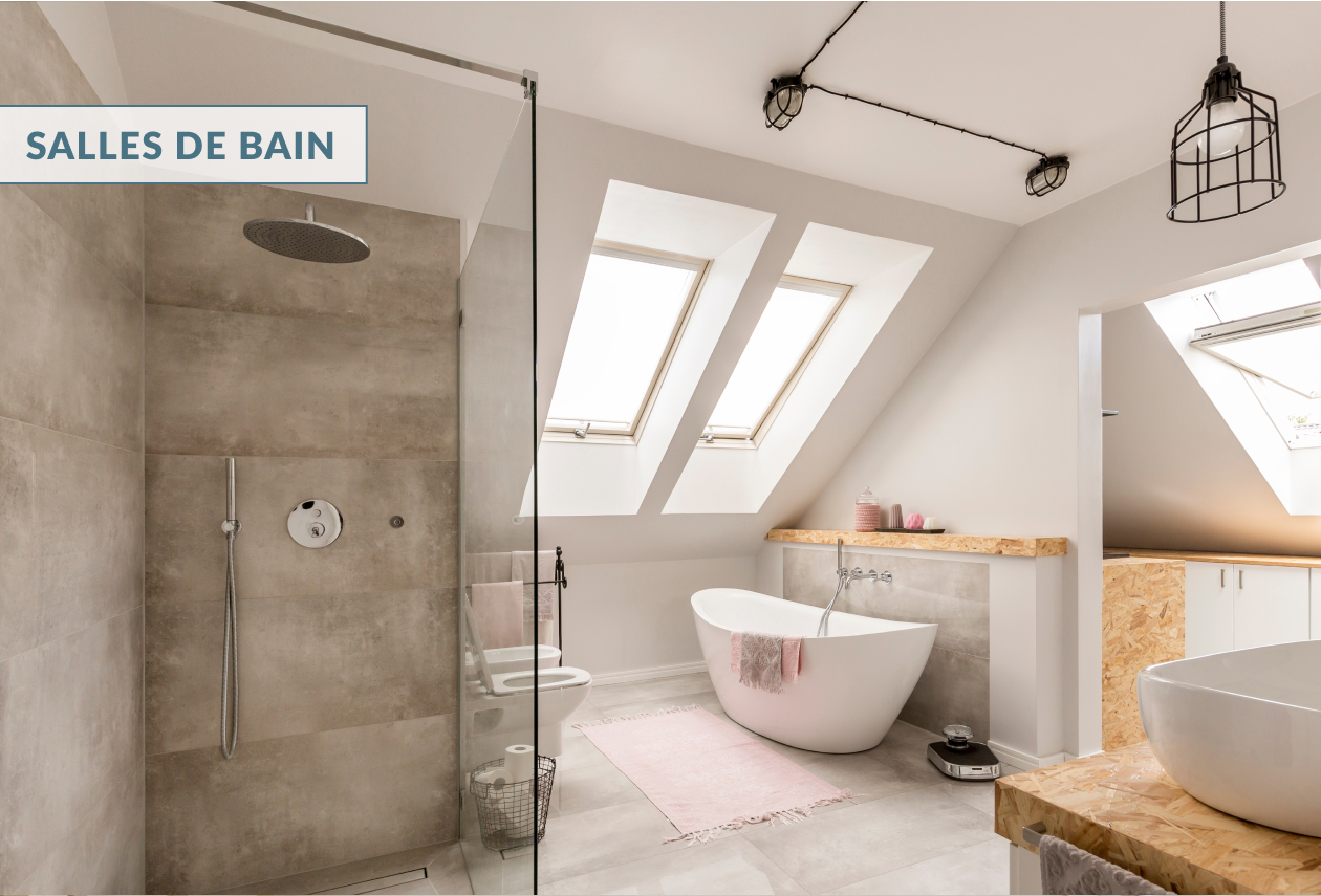 Carrelages, douche à l'italienne, baignoire et sanitaires