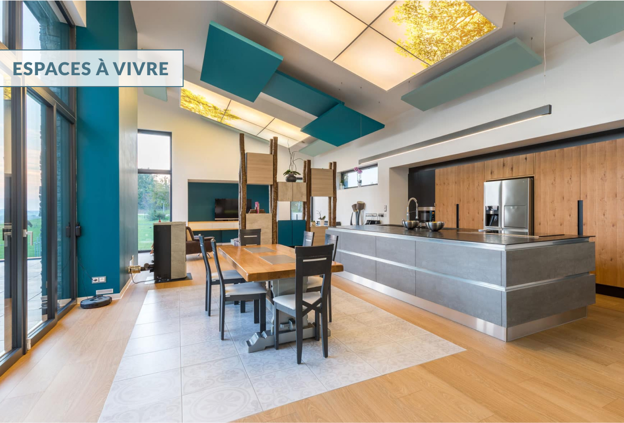 Aménagement d’un espace à vivre moderne avec cuisine ouverte, salle à manger et séjour