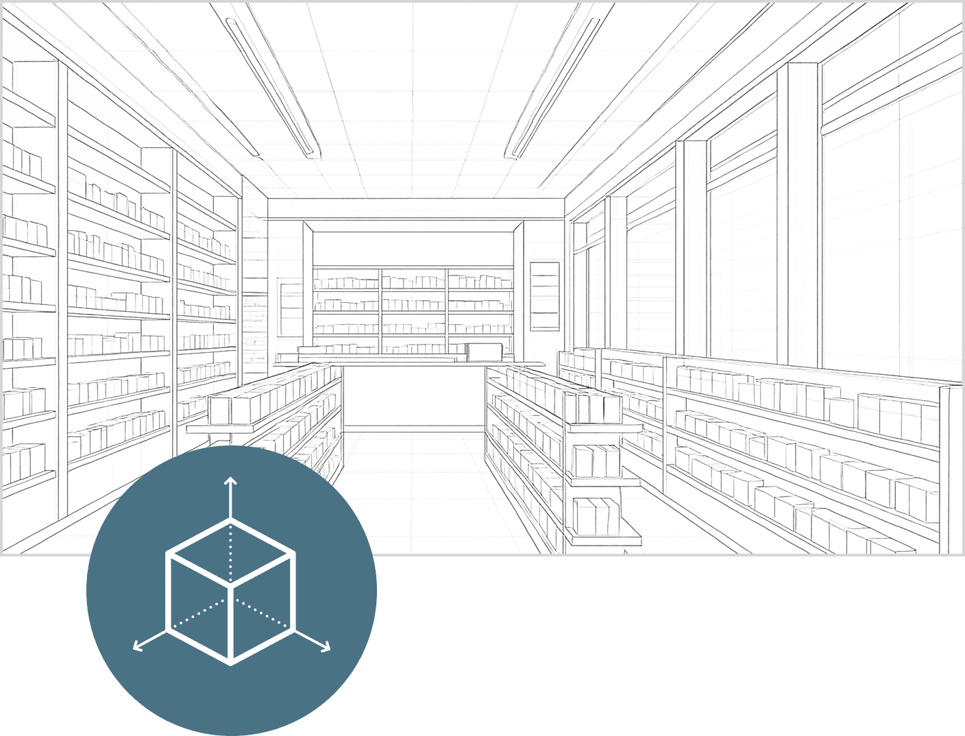Plan 3D d'une pharmacie en vue de l'aménagement de l'espace commercial