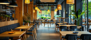 Intérieur d'un restaurant au design chaleureux et épuré avec du mobilier en bois brut, noir et beige