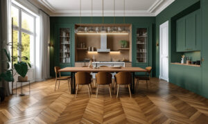 Cuisine moderne verte dans un appartement ancien