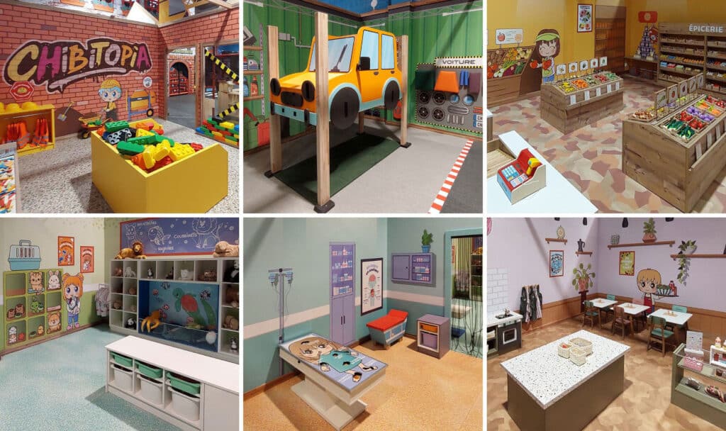6 décors de l'espace de jeux pour enfants Chibitopia sur le thème des métiers : BTP, garagiste, épicier, vétérinaire, médecin et cuisinier