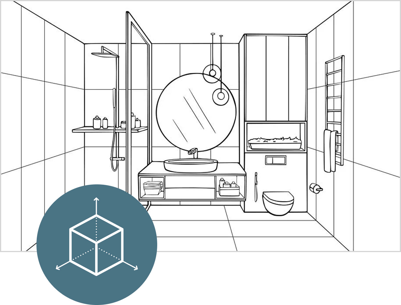 Plan 2D d'une salle de bain avec douche à l'italienne, WC suspendus et meubles de rangement sur mesure en vue de travaux d'aménagement intérieur